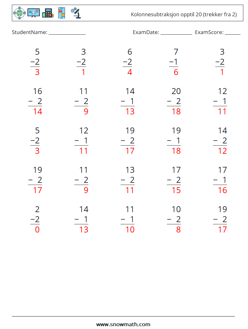 (25) Kolonnesubtraksjon opptil 20 (trekker fra 2) MathWorksheets 7 QuestionAnswer