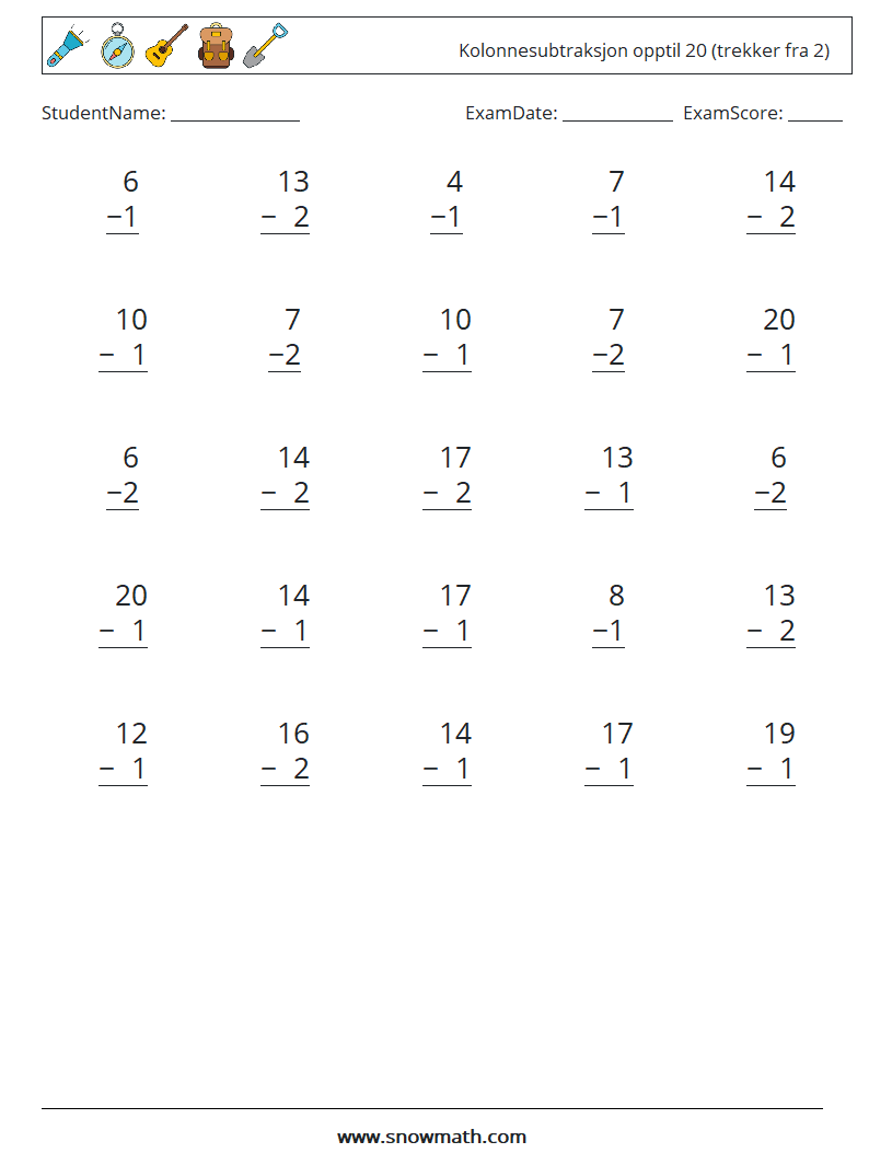 (25) Kolonnesubtraksjon opptil 20 (trekker fra 2) MathWorksheets 8