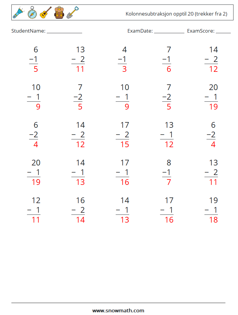 (25) Kolonnesubtraksjon opptil 20 (trekker fra 2) MathWorksheets 8 QuestionAnswer