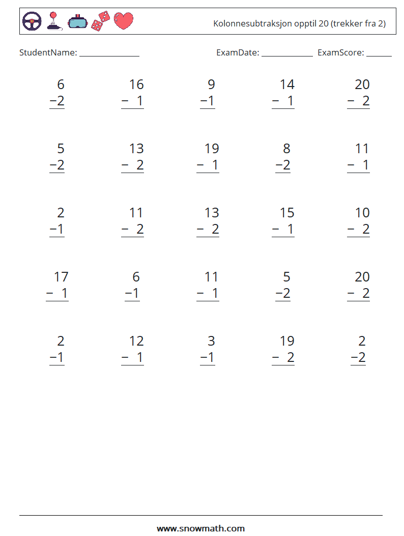 (25) Kolonnesubtraksjon opptil 20 (trekker fra 2) MathWorksheets 9