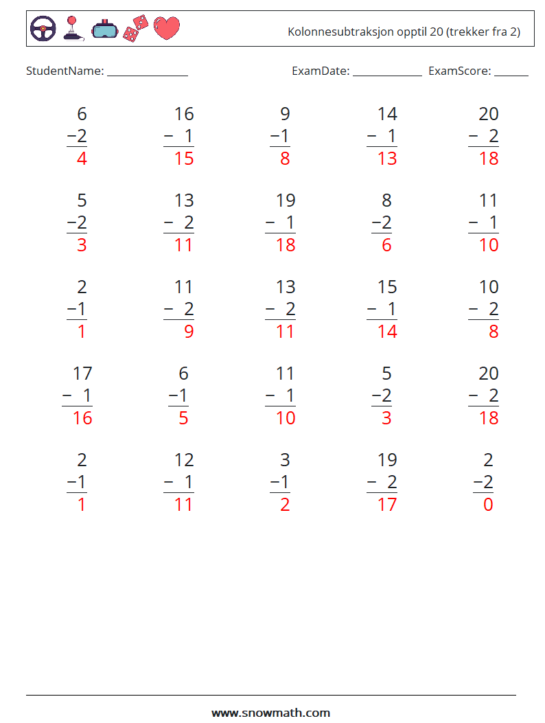 (25) Kolonnesubtraksjon opptil 20 (trekker fra 2) MathWorksheets 9 QuestionAnswer