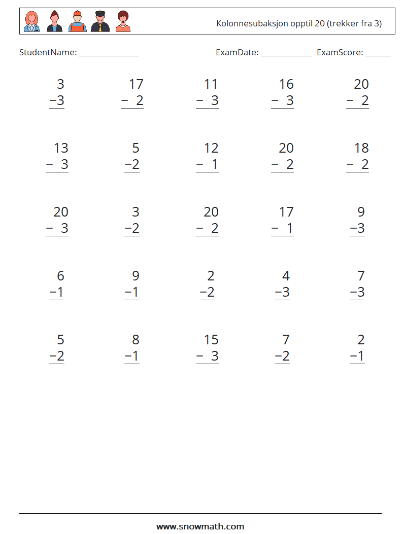 (25) Kolonnesubaksjon opptil 20 (trekker fra 3)