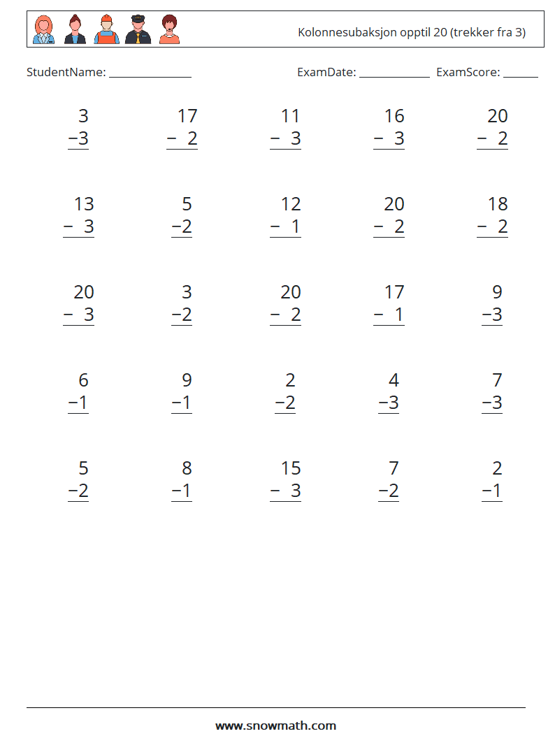 (25) Kolonnesubaksjon opptil 20 (trekker fra 3) MathWorksheets 1