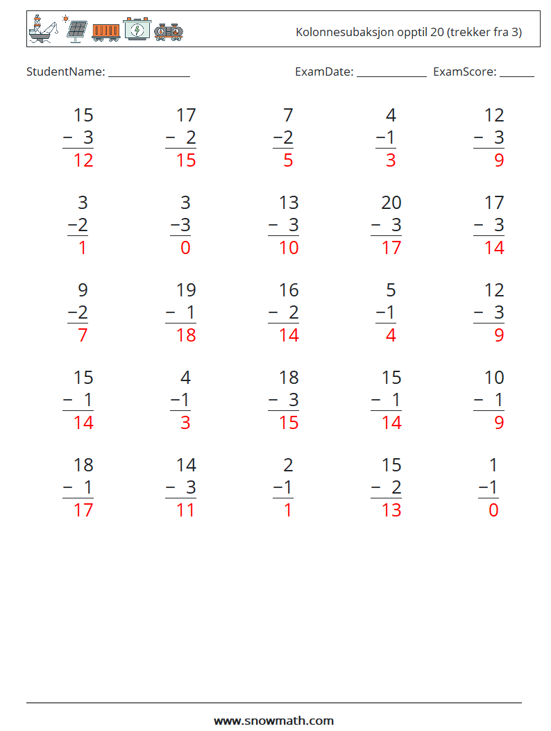 (25) Kolonnesubaksjon opptil 20 (trekker fra 3) MathWorksheets 3 QuestionAnswer