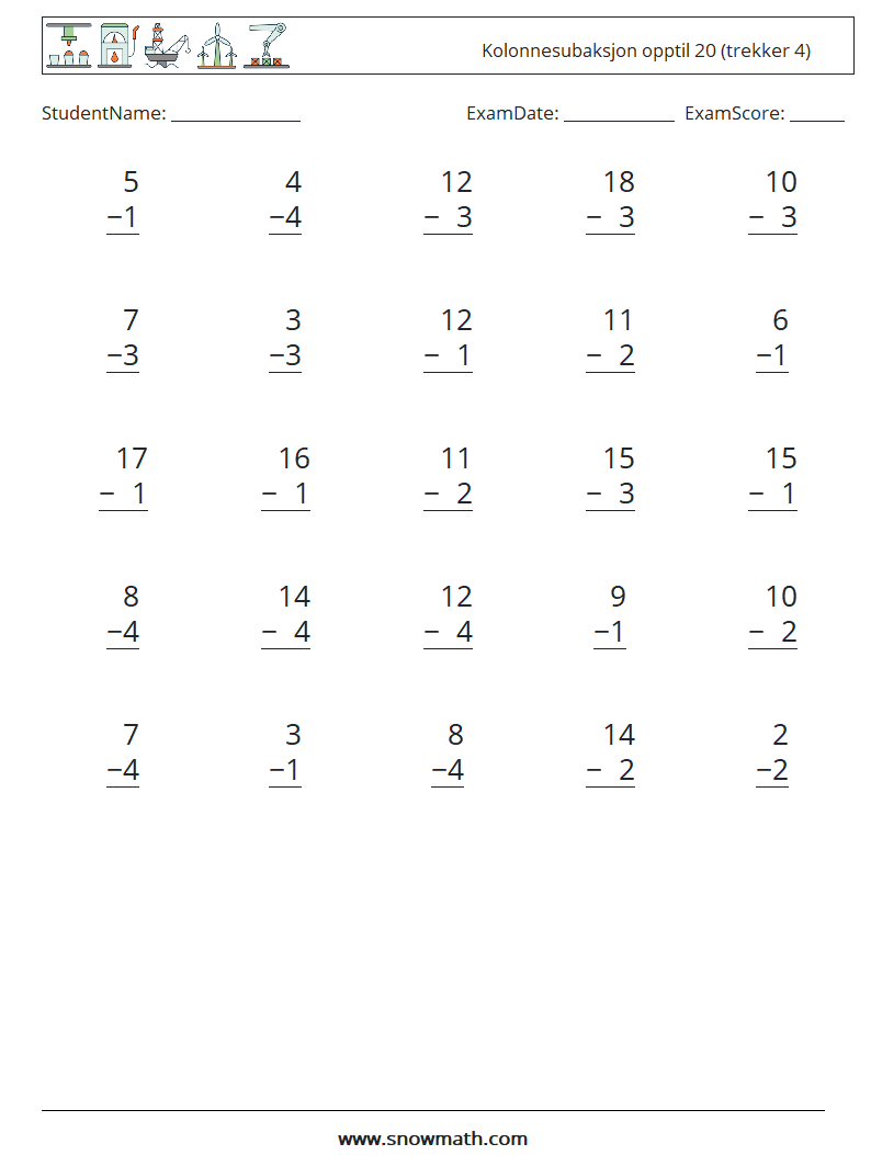 (25) Kolonnesubaksjon opptil 20 (trekker 4) MathWorksheets 10