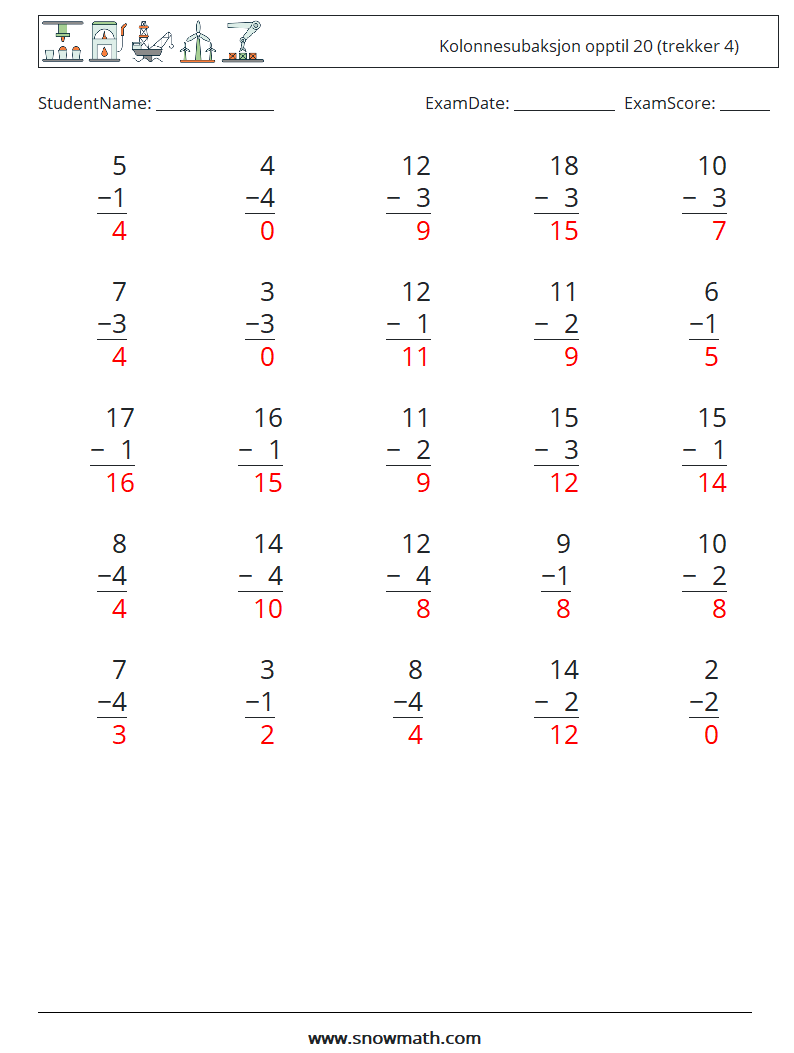 (25) Kolonnesubaksjon opptil 20 (trekker 4) MathWorksheets 10 QuestionAnswer