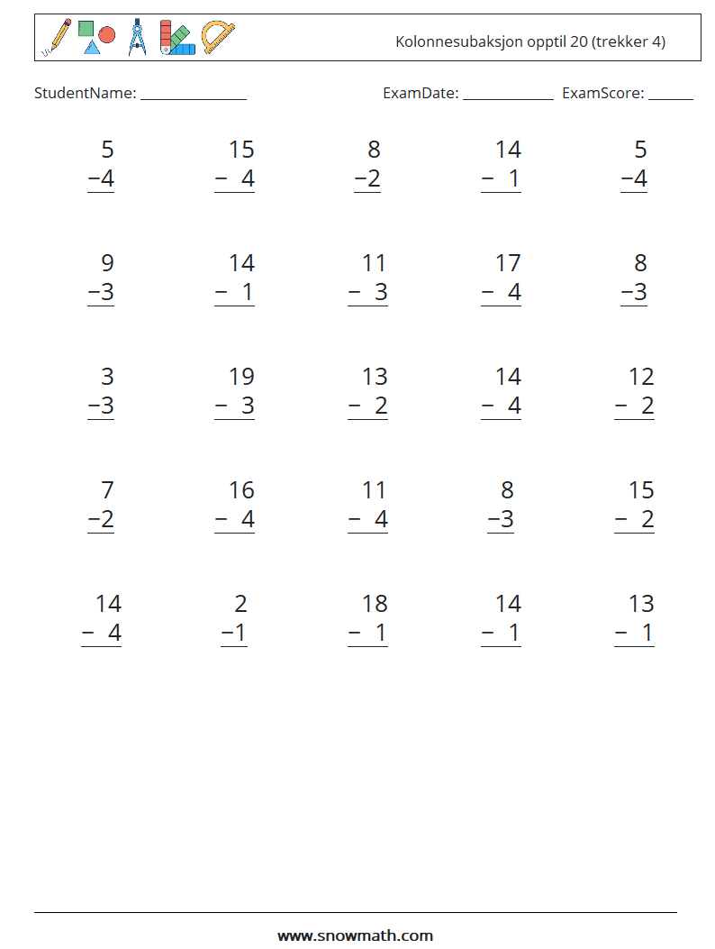 (25) Kolonnesubaksjon opptil 20 (trekker 4) MathWorksheets 11