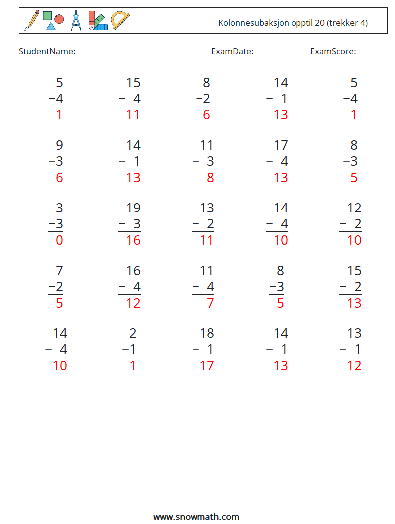 (25) Kolonnesubaksjon opptil 20 (trekker 4) MathWorksheets 11 QuestionAnswer