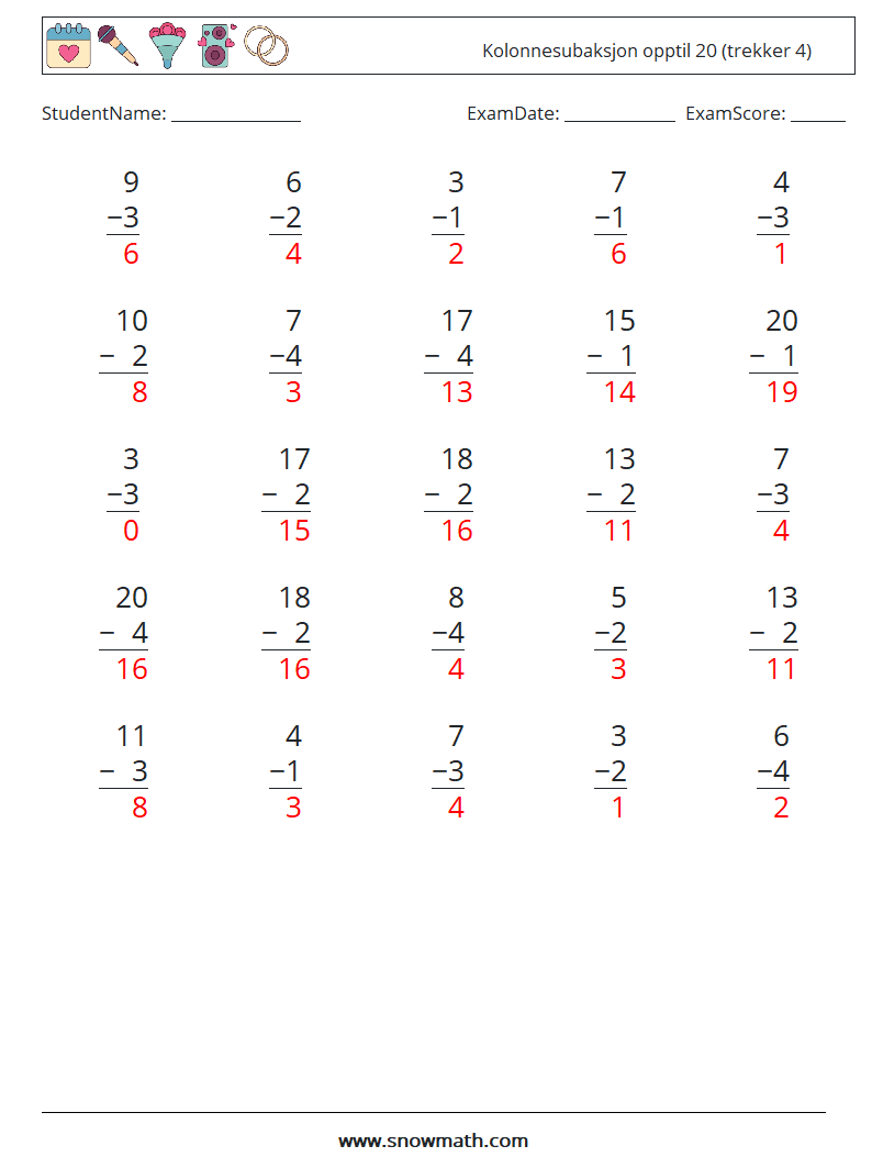 (25) Kolonnesubaksjon opptil 20 (trekker 4) MathWorksheets 12 QuestionAnswer