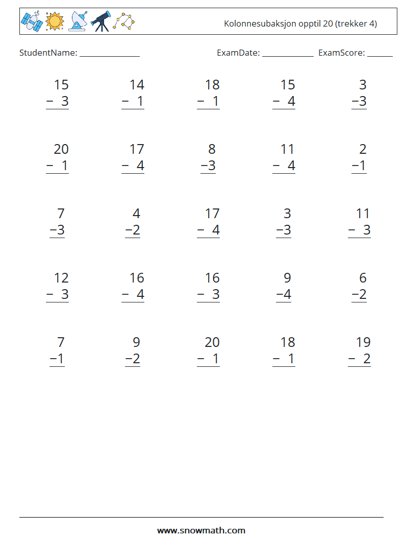 (25) Kolonnesubaksjon opptil 20 (trekker 4) MathWorksheets 13