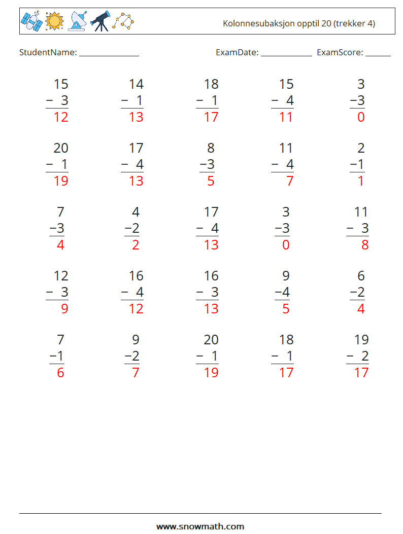 (25) Kolonnesubaksjon opptil 20 (trekker 4) MathWorksheets 13 QuestionAnswer