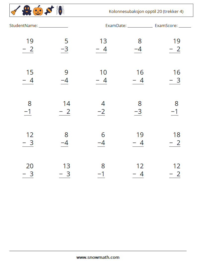 (25) Kolonnesubaksjon opptil 20 (trekker 4) MathWorksheets 14