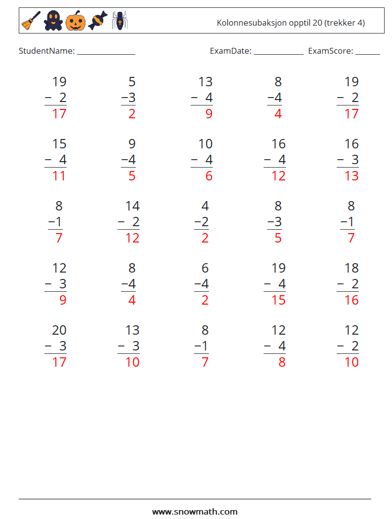 (25) Kolonnesubaksjon opptil 20 (trekker 4) MathWorksheets 14 QuestionAnswer