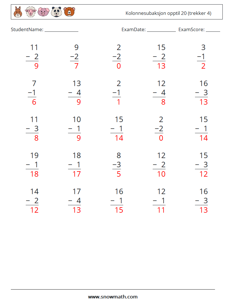 (25) Kolonnesubaksjon opptil 20 (trekker 4) MathWorksheets 15 QuestionAnswer