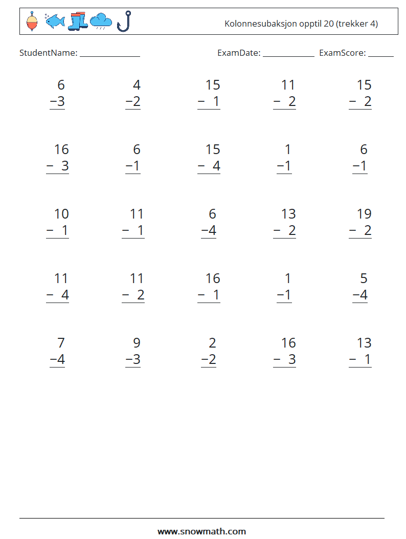 (25) Kolonnesubaksjon opptil 20 (trekker 4) MathWorksheets 16