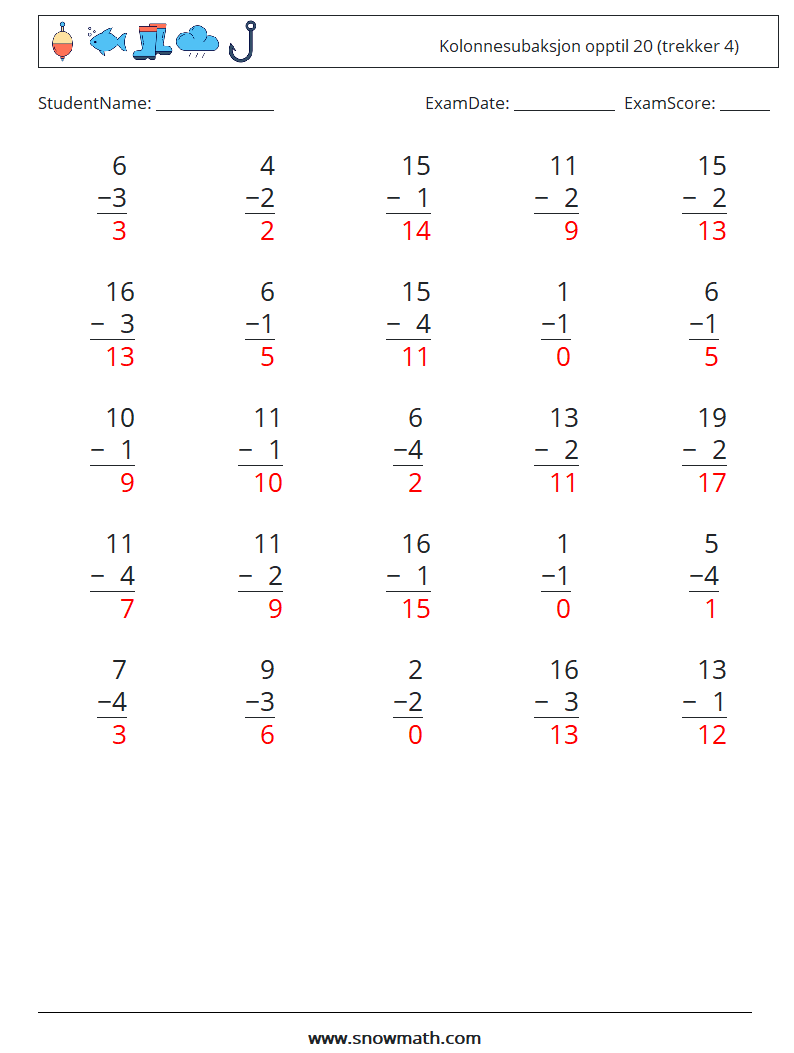 (25) Kolonnesubaksjon opptil 20 (trekker 4) MathWorksheets 16 QuestionAnswer
