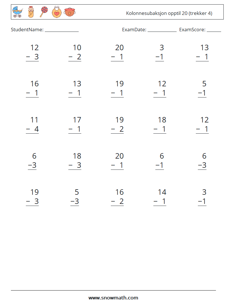 (25) Kolonnesubaksjon opptil 20 (trekker 4) MathWorksheets 17