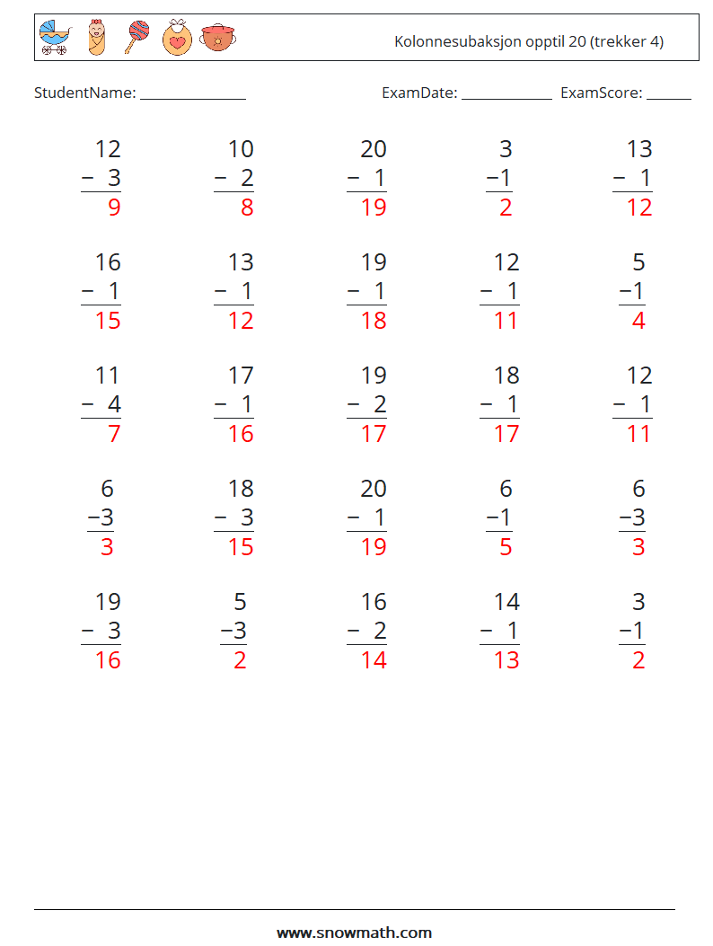 (25) Kolonnesubaksjon opptil 20 (trekker 4) MathWorksheets 17 QuestionAnswer