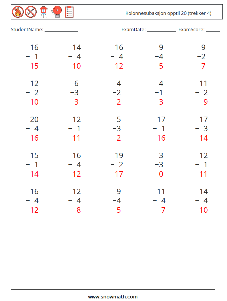 (25) Kolonnesubaksjon opptil 20 (trekker 4) MathWorksheets 18 QuestionAnswer