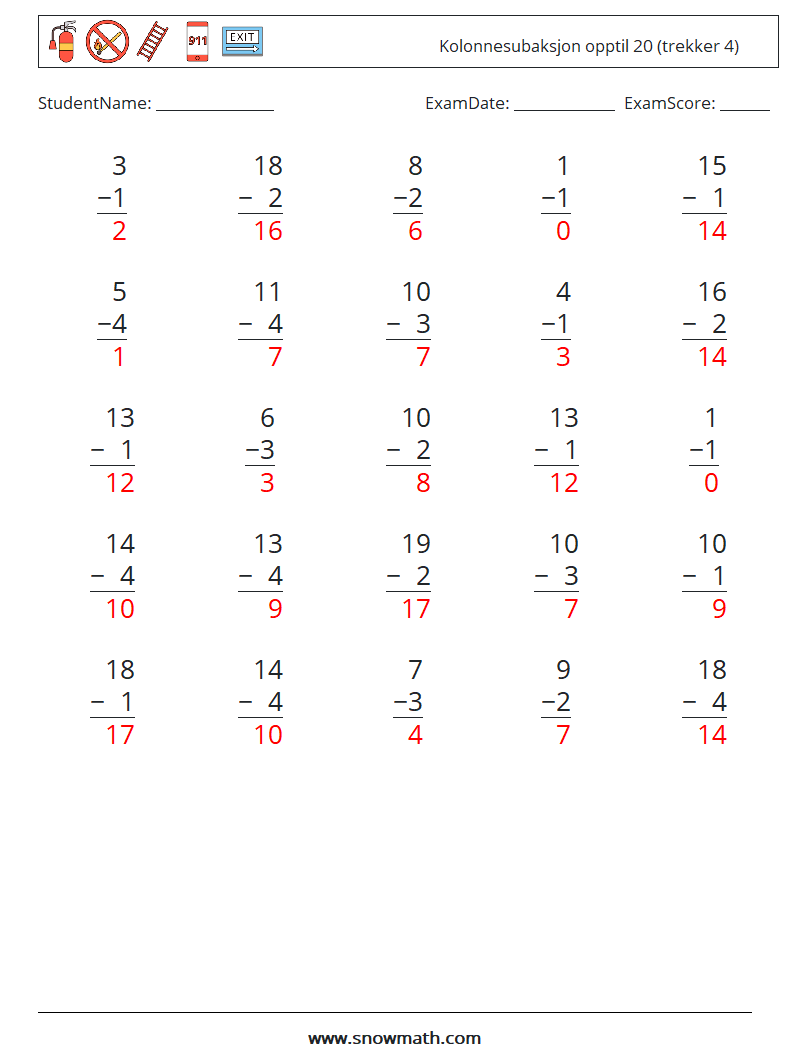 (25) Kolonnesubaksjon opptil 20 (trekker 4) MathWorksheets 1 QuestionAnswer