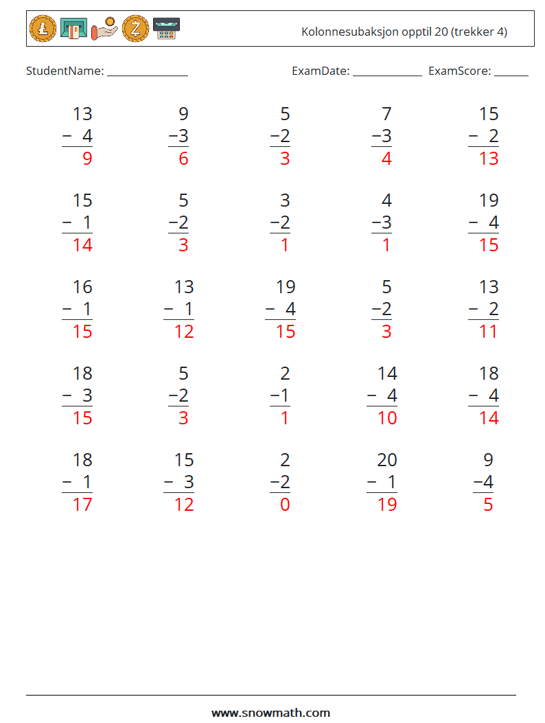 (25) Kolonnesubaksjon opptil 20 (trekker 4) MathWorksheets 2 QuestionAnswer