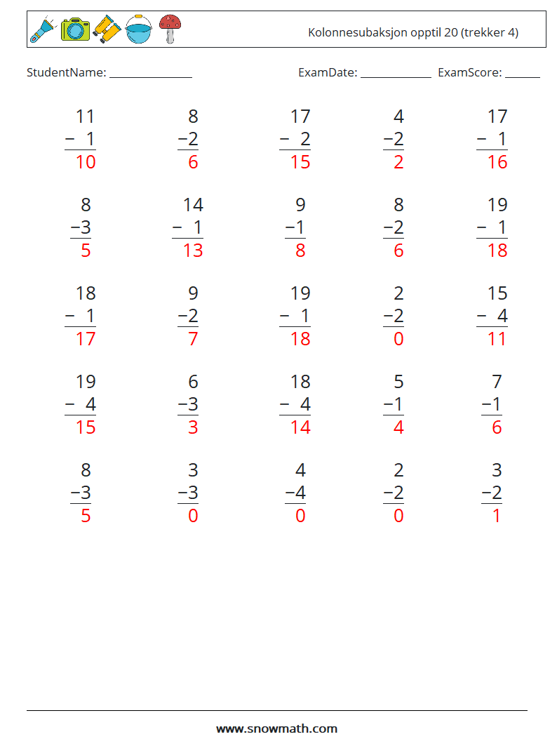 (25) Kolonnesubaksjon opptil 20 (trekker 4) MathWorksheets 3 QuestionAnswer