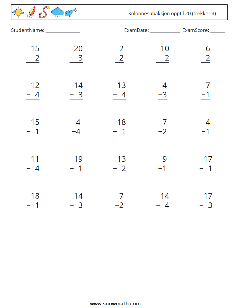 (25) Kolonnesubaksjon opptil 20 (trekker 4) MathWorksheets 4