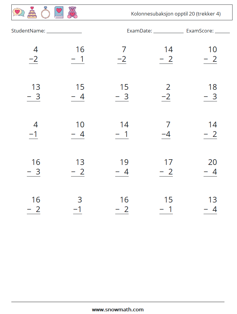(25) Kolonnesubaksjon opptil 20 (trekker 4) MathWorksheets 5