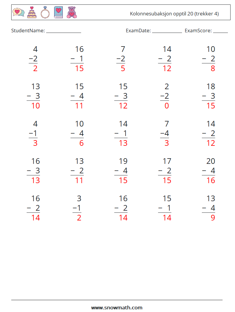 (25) Kolonnesubaksjon opptil 20 (trekker 4) MathWorksheets 5 QuestionAnswer