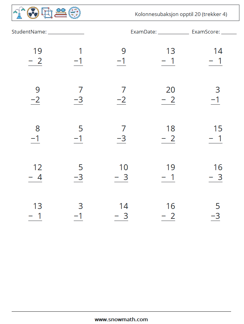 (25) Kolonnesubaksjon opptil 20 (trekker 4) MathWorksheets 6