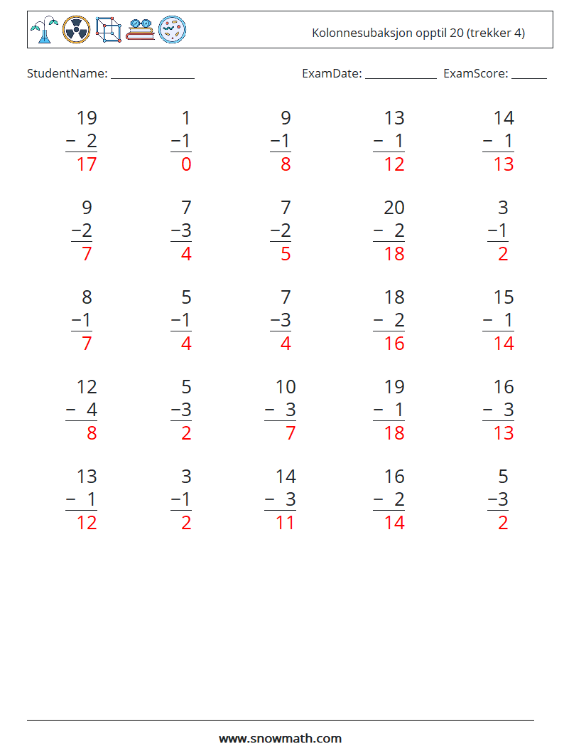 (25) Kolonnesubaksjon opptil 20 (trekker 4) MathWorksheets 6 QuestionAnswer