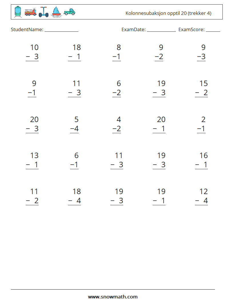 (25) Kolonnesubaksjon opptil 20 (trekker 4) MathWorksheets 7