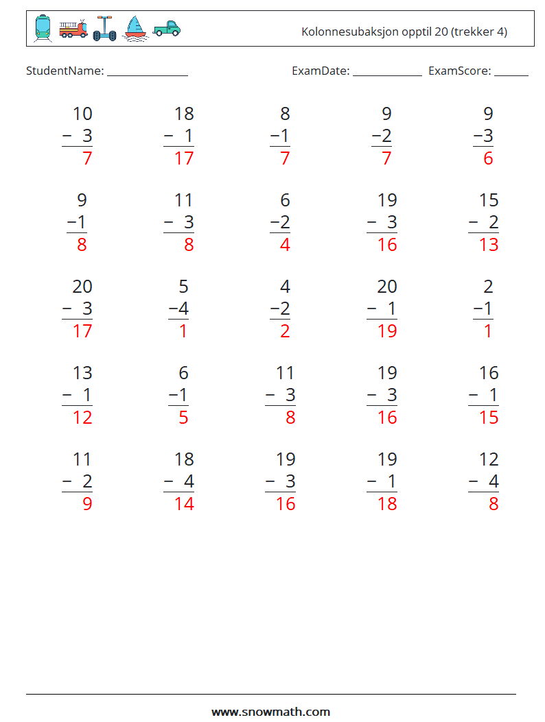 (25) Kolonnesubaksjon opptil 20 (trekker 4) MathWorksheets 7 QuestionAnswer