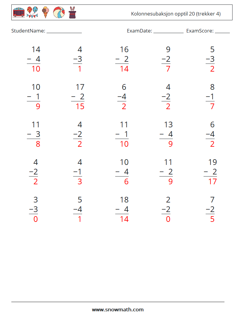 (25) Kolonnesubaksjon opptil 20 (trekker 4) MathWorksheets 8 QuestionAnswer