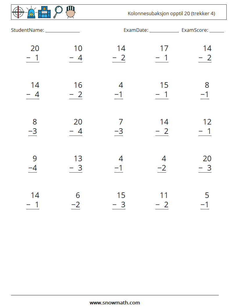 (25) Kolonnesubaksjon opptil 20 (trekker 4) MathWorksheets 9