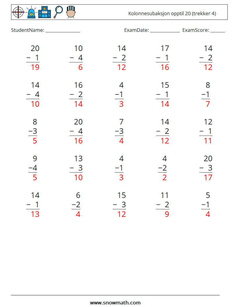 (25) Kolonnesubaksjon opptil 20 (trekker 4) MathWorksheets 9 QuestionAnswer