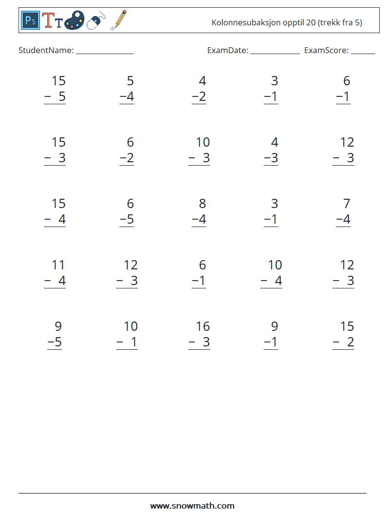 (25) Kolonnesubaksjon opptil 20 (trekk fra 5) MathWorksheets 1