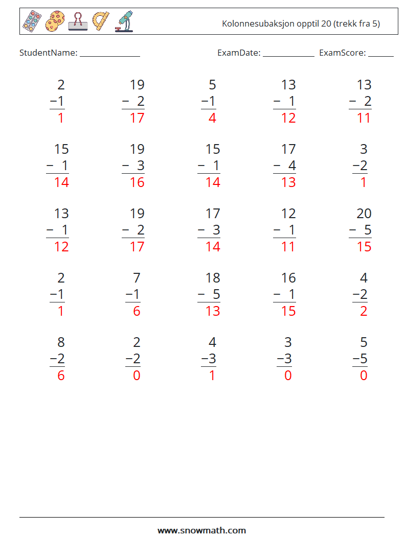 (25) Kolonnesubaksjon opptil 20 (trekk fra 5) MathWorksheets 10 QuestionAnswer