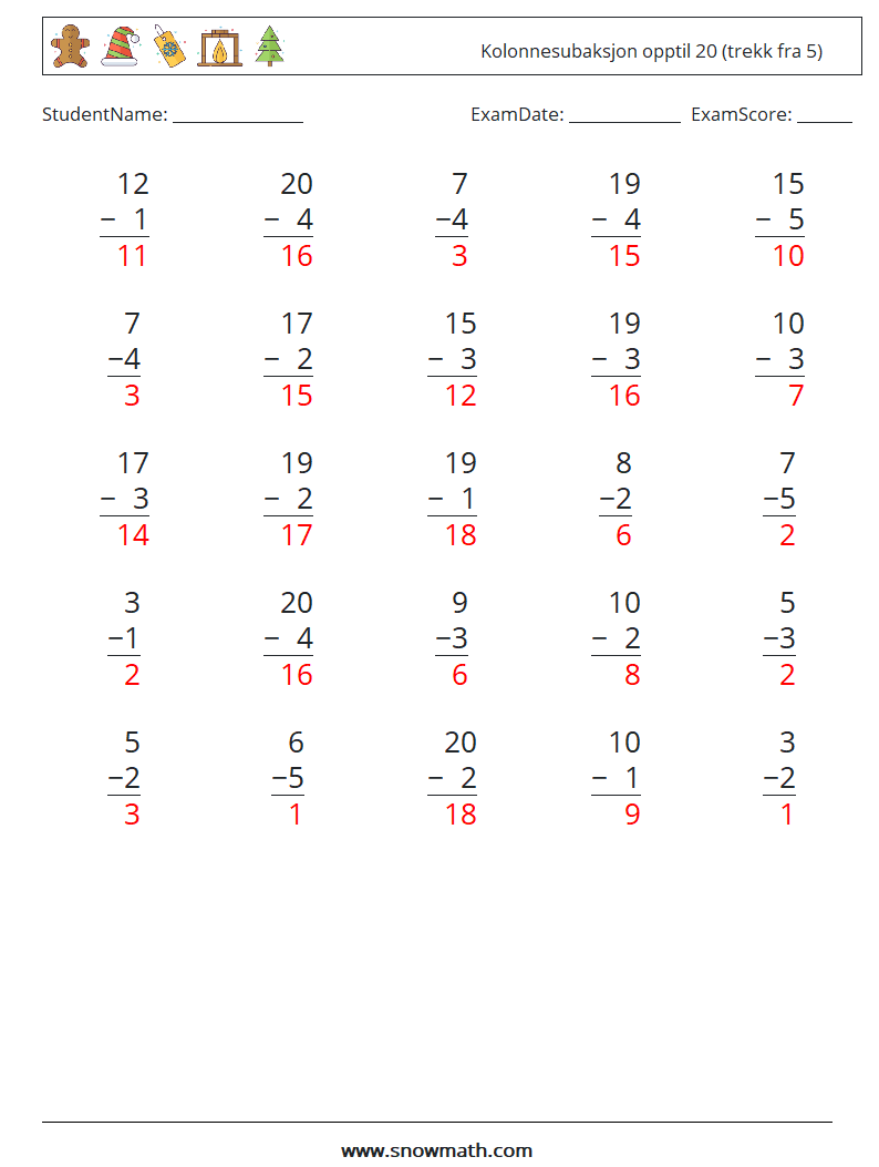 (25) Kolonnesubaksjon opptil 20 (trekk fra 5) MathWorksheets 13 QuestionAnswer