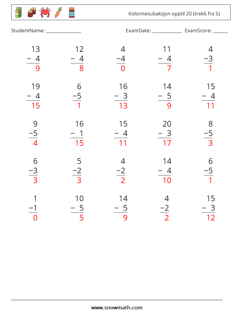 (25) Kolonnesubaksjon opptil 20 (trekk fra 5) MathWorksheets 15 QuestionAnswer