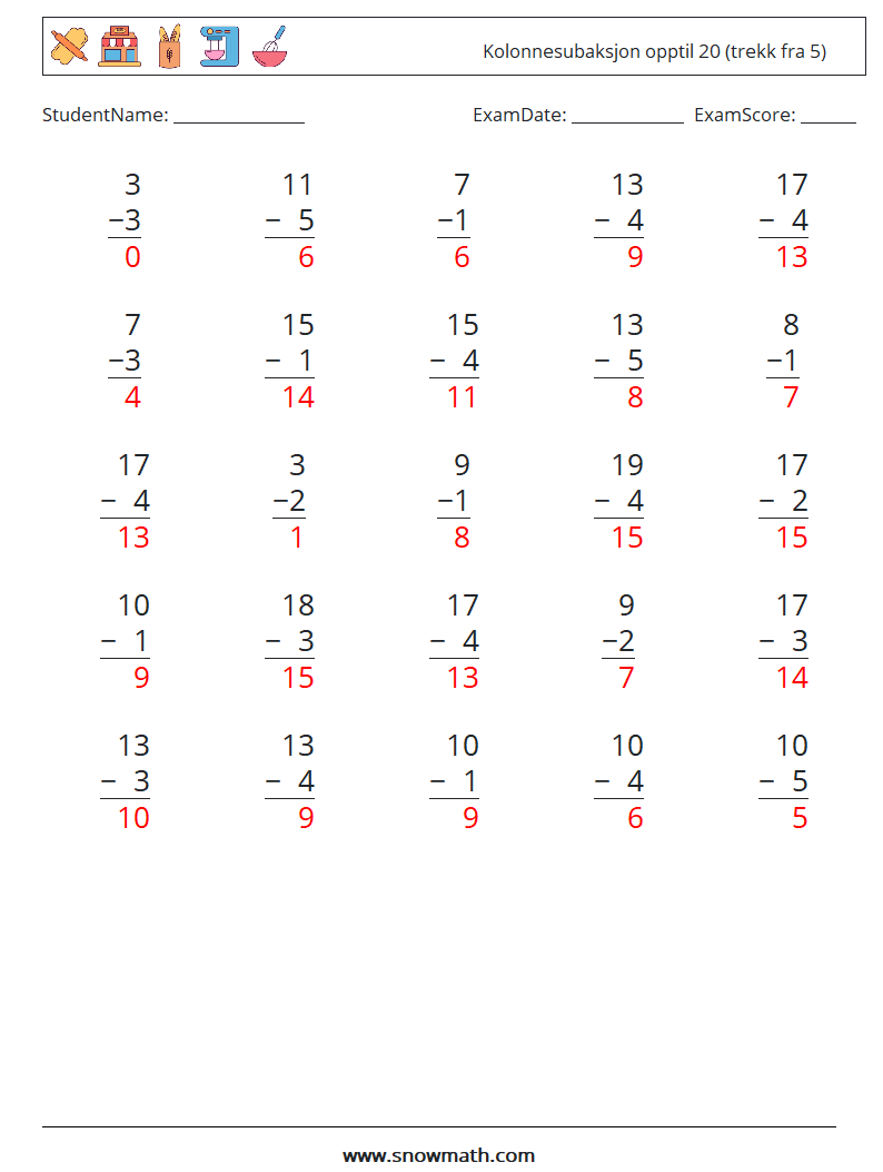 (25) Kolonnesubaksjon opptil 20 (trekk fra 5) MathWorksheets 16 QuestionAnswer