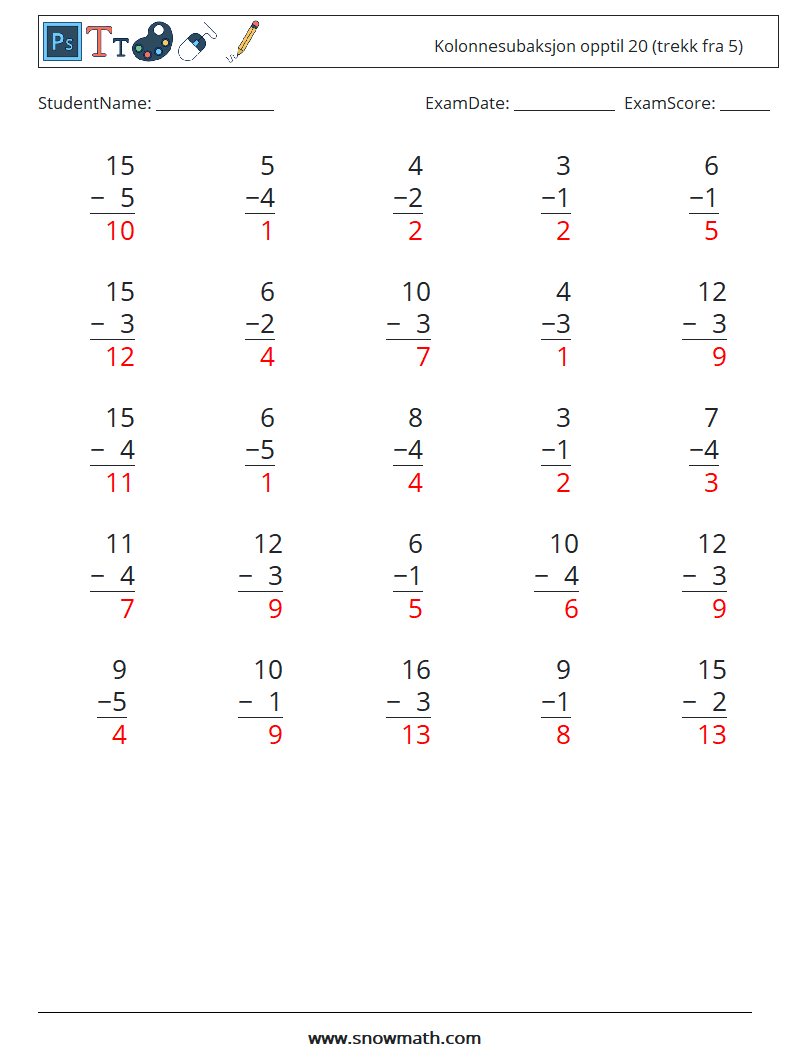 (25) Kolonnesubaksjon opptil 20 (trekk fra 5) MathWorksheets 1 QuestionAnswer