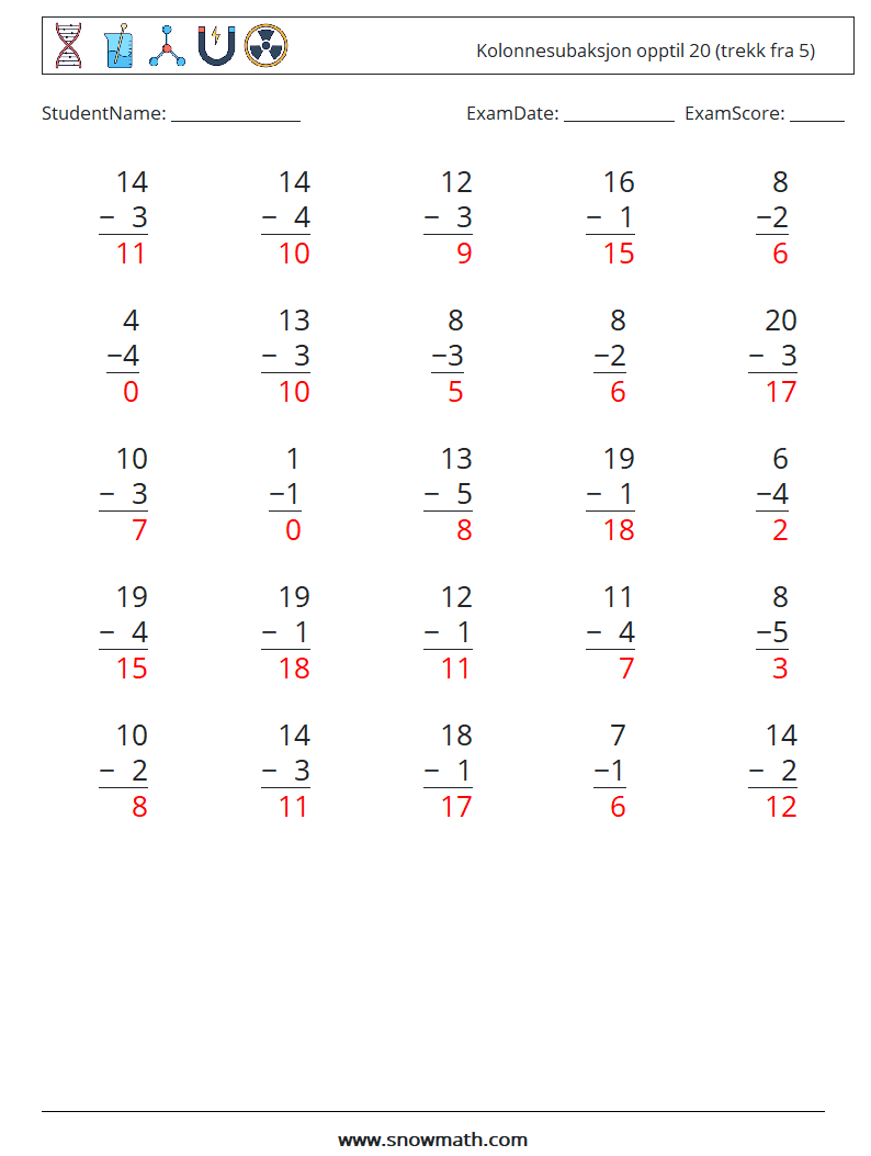 (25) Kolonnesubaksjon opptil 20 (trekk fra 5) MathWorksheets 2 QuestionAnswer