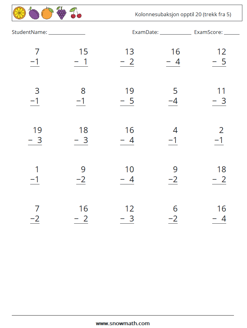 (25) Kolonnesubaksjon opptil 20 (trekk fra 5) MathWorksheets 4