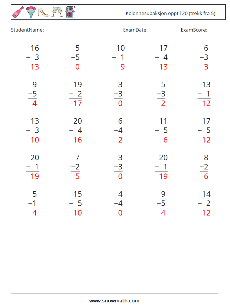 (25) Kolonnesubaksjon opptil 20 (trekk fra 5) MathWorksheets 5 QuestionAnswer