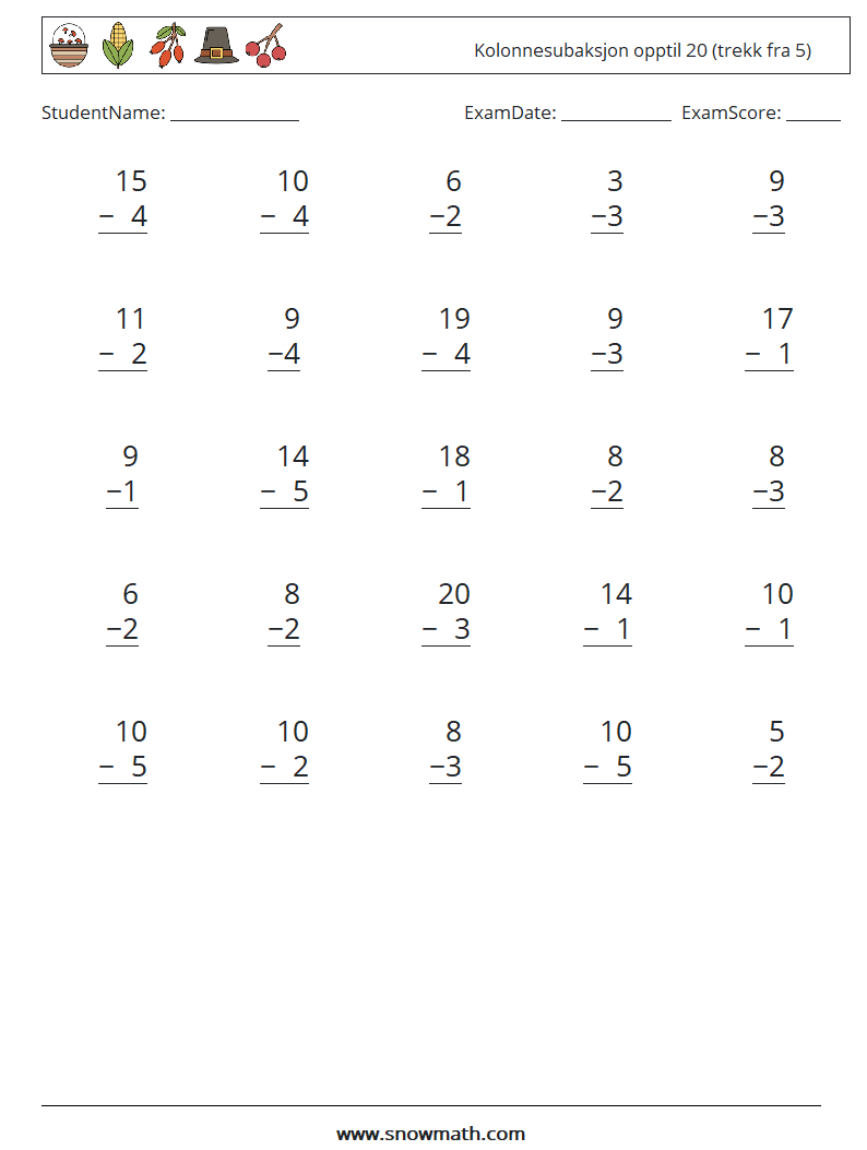 (25) Kolonnesubaksjon opptil 20 (trekk fra 5) MathWorksheets 6