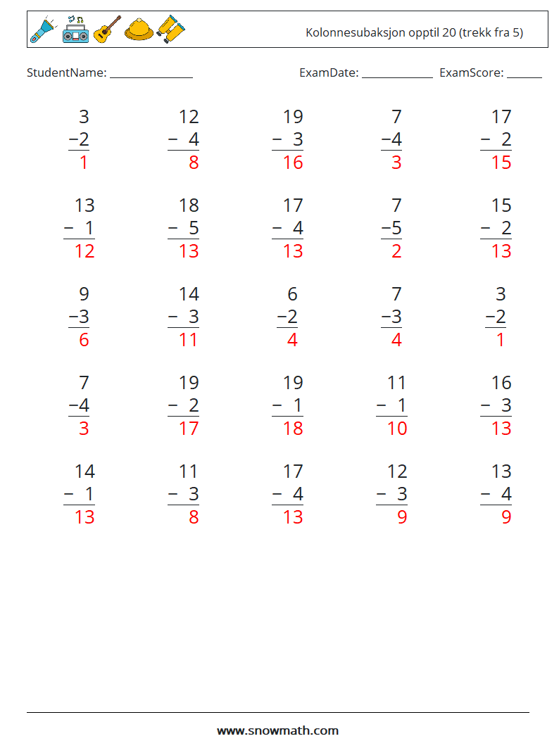 (25) Kolonnesubaksjon opptil 20 (trekk fra 5) MathWorksheets 7 QuestionAnswer