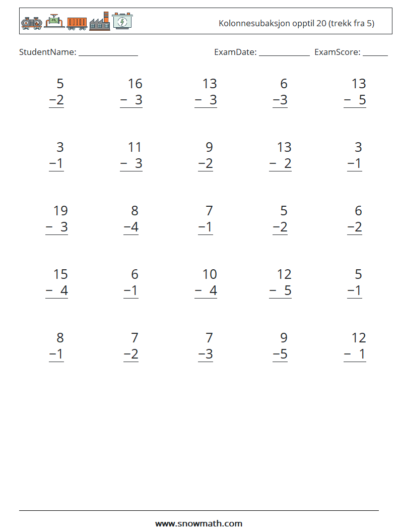 (25) Kolonnesubaksjon opptil 20 (trekk fra 5) MathWorksheets 8