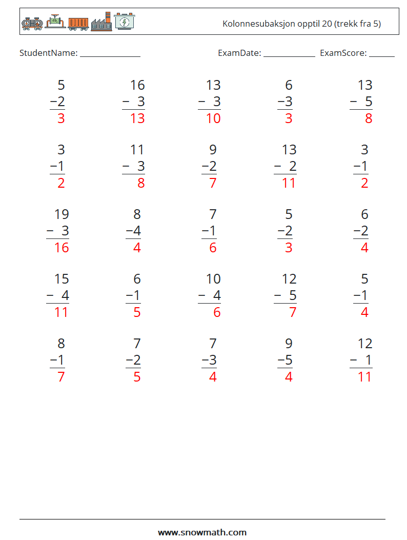 (25) Kolonnesubaksjon opptil 20 (trekk fra 5) MathWorksheets 8 QuestionAnswer