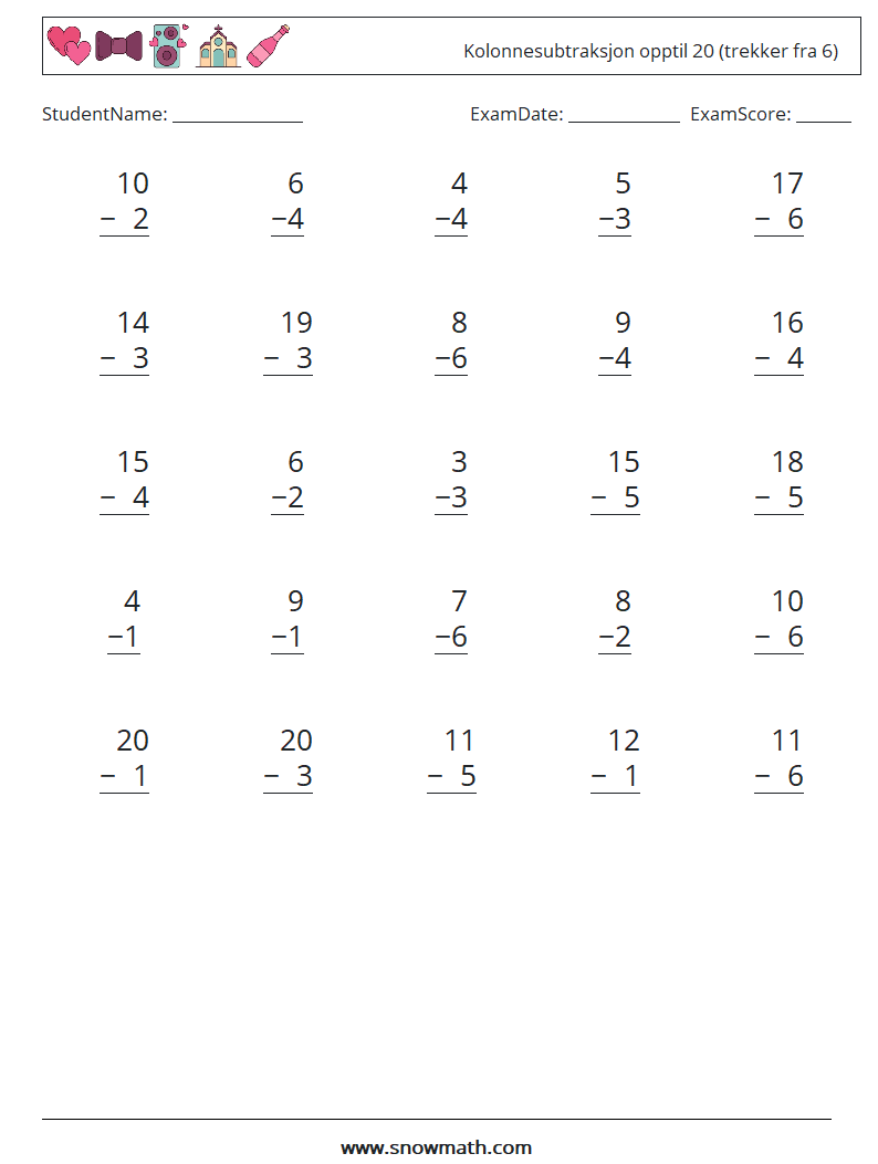 (25) Kolonnesubtraksjon opptil 20 (trekker fra 6)